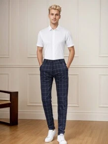Pantalones Skinny De Gabardina Traje Recortados Casuales Hombres Pantalones de cuadros con bolsillo oblicuo - Azul Marino - Ver 1