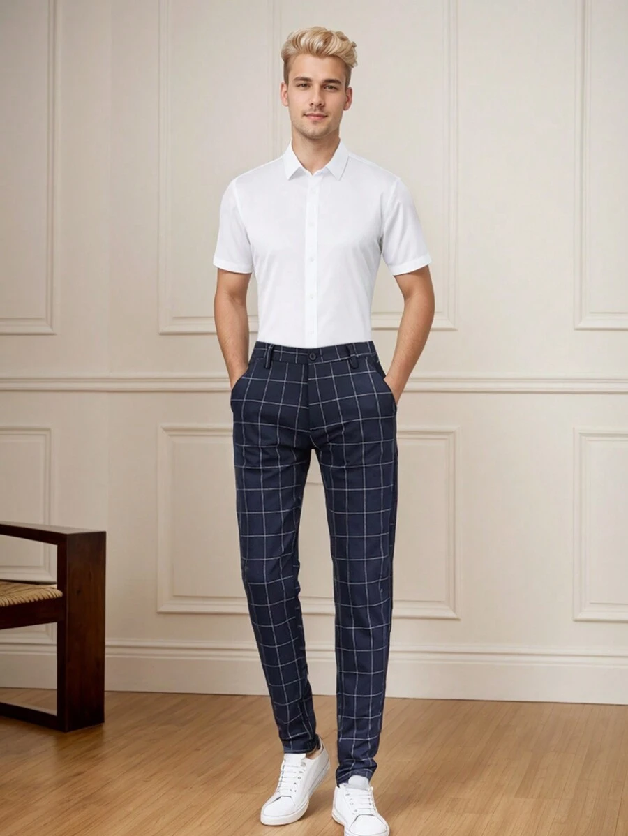 Pantalones Skinny De Gabardina Traje Recortados Casuales Hombres Pantalones de cuadros con bolsillo oblicuo - Azul Marino - Ver 1
