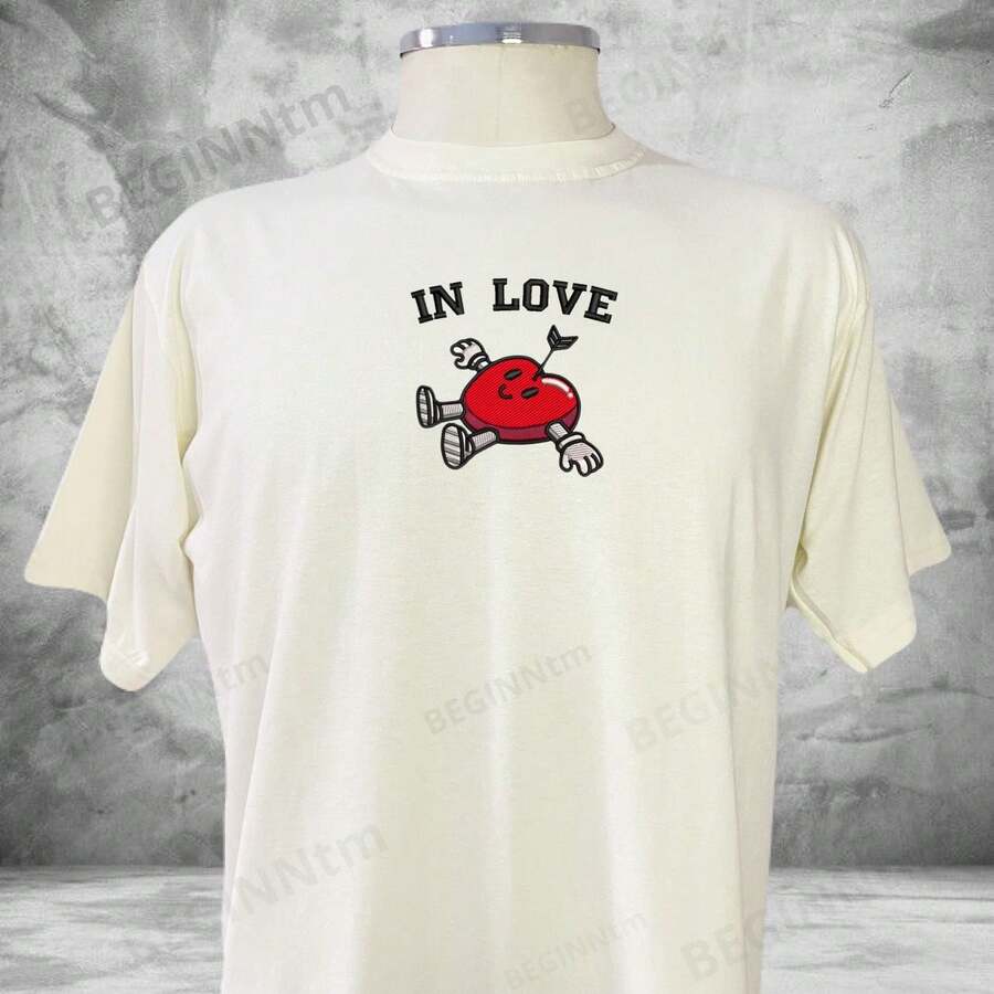 In Love T-Shirt Embroidered Heart In Love Unisex Blouse Cotton Shirt Valentine's Day - 白色 - 查看 1