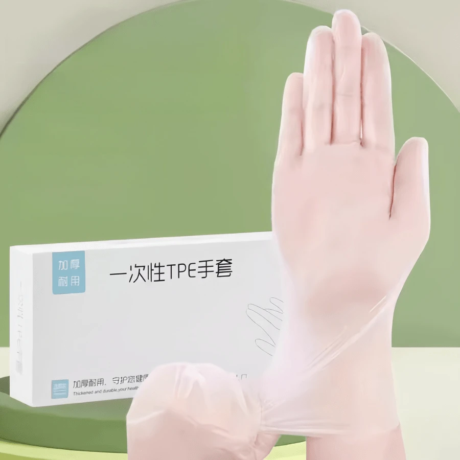 100 只乙烯基透明手套（S/M/L），工业级，无粉，不含乳胶，适用于厨房清洁、浴室清洁、食品处理，随机包装 - 透明 - 查看 1