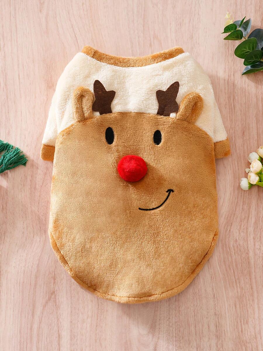 1 件毛绒羊毛 3D 刺绣圣诞驯鹿造型宠物夹克，适合猫狗的新奇服装