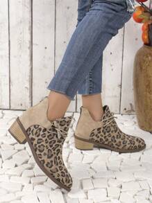 Women Fashion One-Push Lace-Up Decoration Leopard Print Pointed Toe Low Heel Shoes Back Zipper Versatile Comfortable Nude Chelsea Boots, Brown