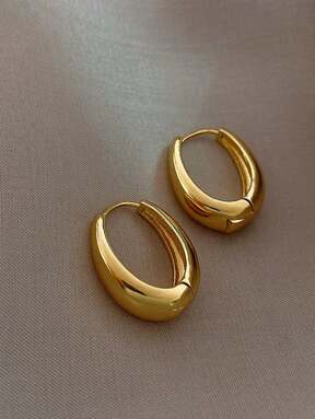 1pair Simple TearDrop Hoop Earrings, Chunky Gold Tone Water Droplet Earrings, U-Shaped Earrings, Oval Hoop Earrings, Stylish And Elegant Lightweight Dainty Women Jewelry, Perfect Gift For Her