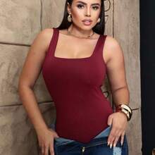 SQUARE Women's Bodysuit Tank Top Wide Strap Square Neckline Suplex Fashion Promotion - 酒紅色 - 查看 2