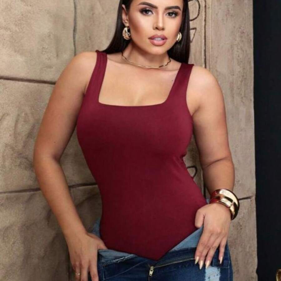 SQUARE Women's Bodysuit Tank Top Wide Strap Square Neckline Suplex Fashion Promotion - 酒紅色 - 查看 1