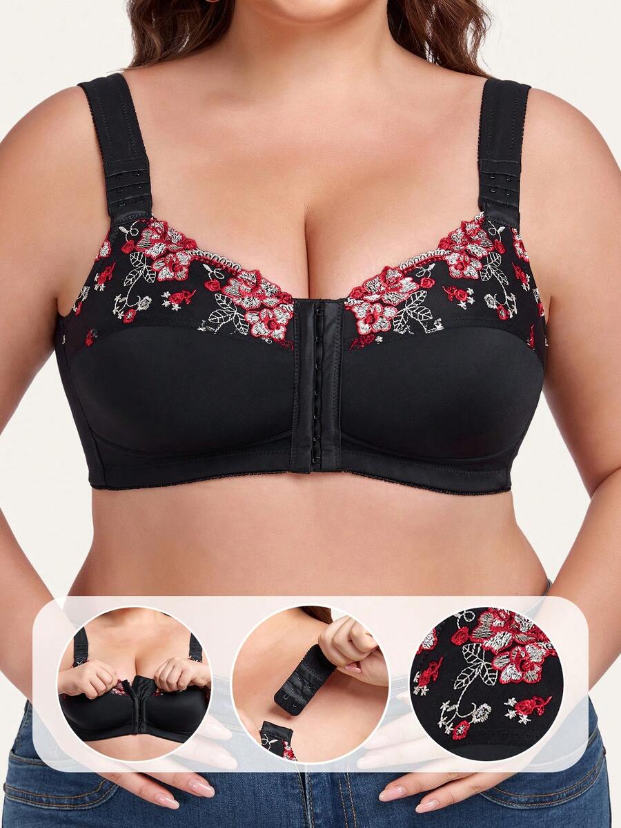 1 pieza Sujetador elegante de talla grande para mujer con bordado floral, cierre frontal, sin aro, de cobertura total y espalda cruzada, lencería - Negro - Ver 1