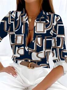 女士 2025 新款数码印花翻领休闲舒适长袖衬衫