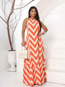 Long Zig Zag Striped Halter Dress - trái cam - Xem 2