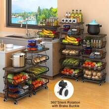 Fruit Basket Kitchen Pantry Organizers And Storage - Wooden Top Table, Stackable Metal Wire Basket Stand Cart For Fruit Vegetable Snacks Jars Bins Containers Organization, Black