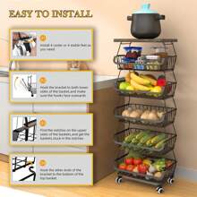 Fruit Basket Kitchen Pantry Organizers And Storage - Wooden Top Table, Stackable Metal Wire Basket Stand Cart For Fruit Vegetable Snacks Jars Bins Containers Organization, Black