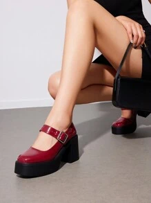 Women's High Chunky Platform Pumps Round Toe High Heel Mary Janes Party Prom Versatile School Style Shoes - Màu Đỏ Sâu - Xem 4