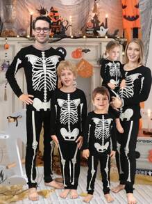 2pcs/Set Young Boys Casual Skull Print Long Sleeve Top And Pants Set, Family Matching Pajamas For Halloween