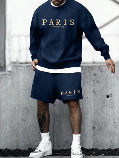 Men's Casual Letter Print Crew Neck Sweatshirt And Shorts Set, Spring & Autumn, Fall Clothes