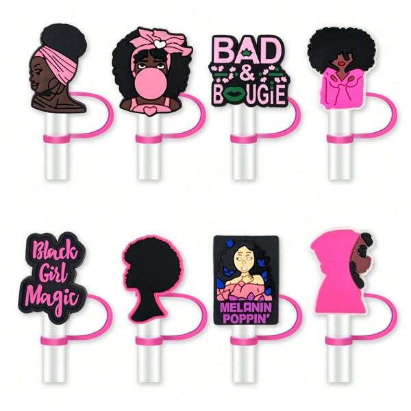 8pcs/6pcs/4pcs Pink Girl Straw Covers Fits Tumbler Cup, Cool Girls Silicone Straw Topper, Reusable 10mm/0.4in Dustproof Straw Cap Straw Tip Covers, Holiday Party Favor, School Supplies, Kitchen, Christmas Gift, Mother's Day Gift