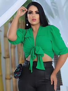 WOMEN'S BLOUSE WITH TIES. - màu xanh lá - Xem 3