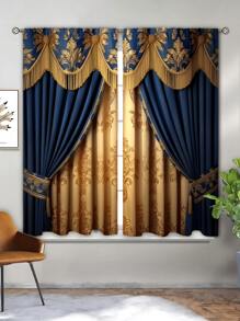奢华两片式欧式图案窗帘布 - 隔热斜纹编织，滤光设计，适用于卧室、客厅和办公室 - 时尚、节能、四季皆宜的装饰