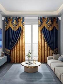 奢华两片式欧式图案窗帘布 - 隔热斜纹编织，滤光设计，适用于卧室、客厅和办公室 - 时尚、节能、四季皆宜的装饰