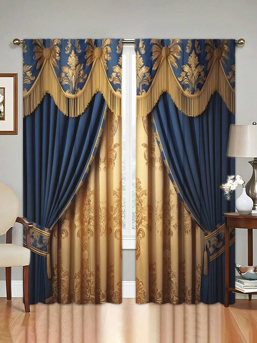 奢华两片式欧式图案窗帘布 - 隔热斜纹编织，滤光设计，适用于卧室、客厅和办公室 - 时尚、节能、四季皆宜的装饰