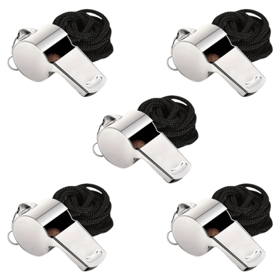 5 Pcs Stainless Steel Whistle, Loud Metal Whistle With Lanyard For Referees Coaches Lifeguards Survival Emergency Football Basketball Soccer Hockey
