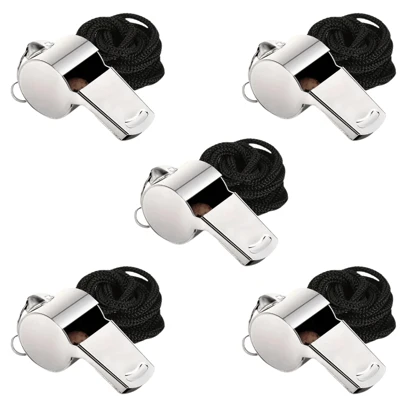 5 chiếc còi thép không gỉ, còi kim loại to kèm dây đeo dành cho trọng tài, huấn luyện viên, nhân viên cứu hộ, trường hợp khẩn cấp, bóng đá, bóng rổ, khúc côn cầu.