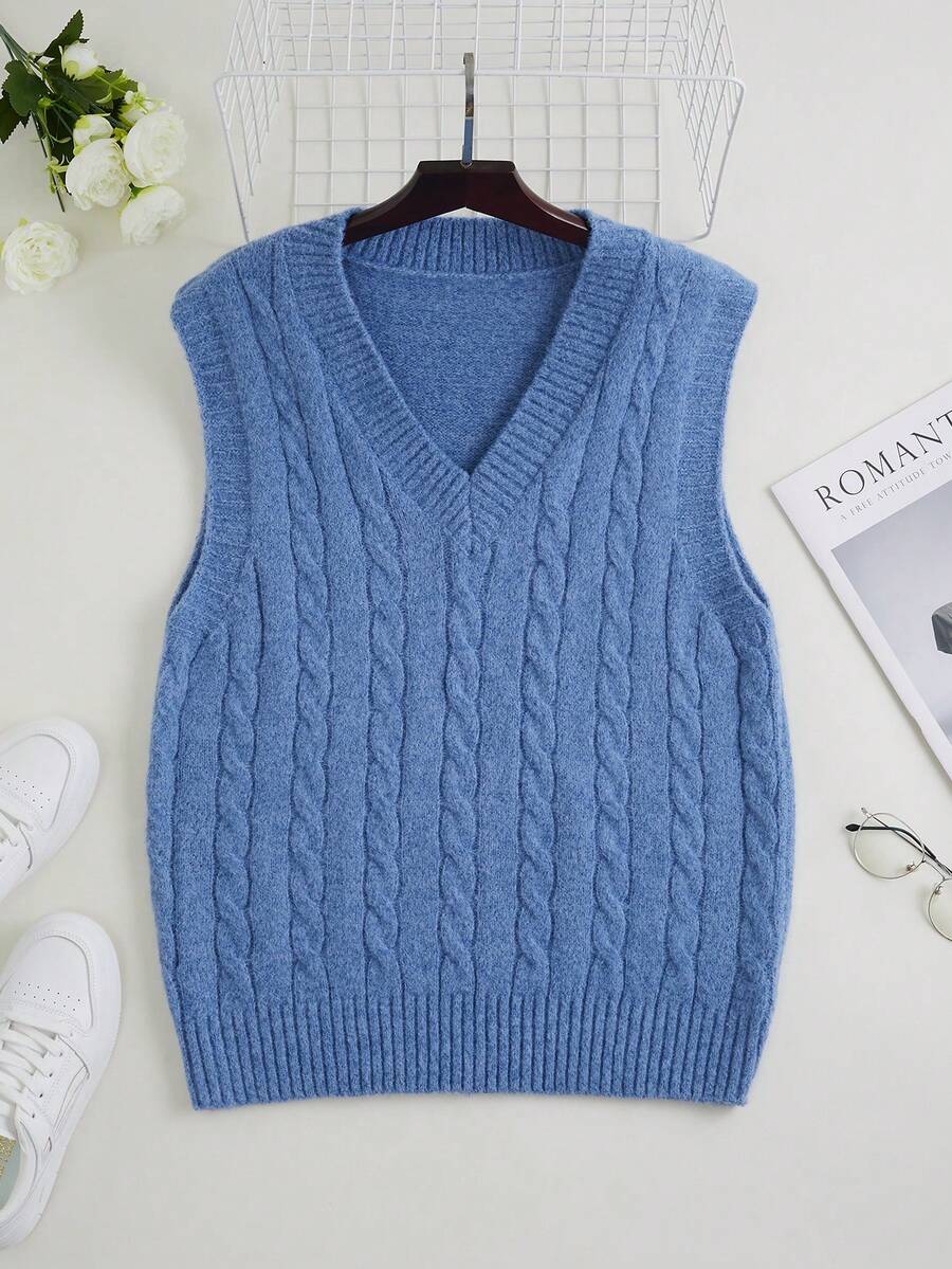 Plus Size Women V-Neck Ribbed Cable Knit Tank Sweater Vest, Fall/Winter - Blue - View 1