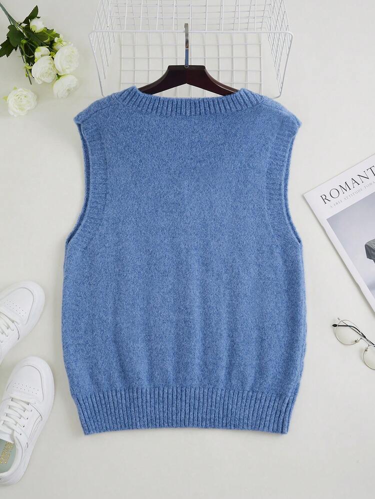Plus Size Women V-Neck Ribbed Cable Knit Tank Sweater Vest, Fall/Winter - Blue - View 2