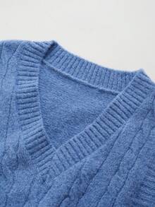 Plus Size Women V-Neck Ribbed Cable Knit Tank Sweater Vest, Fall/Winter - Blue - View 3