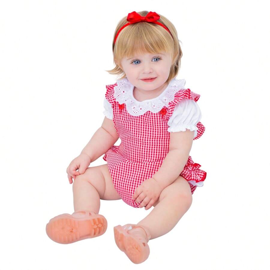Mundo Nina Kids Plaid Polka Dot Romper Overall Bodysuit Set With White T-Shirt For Baby Girls 100% Cotton Pink Red Lilac Yellow Comes With Headband Tiara With Bow - 紅色 - 查看 1