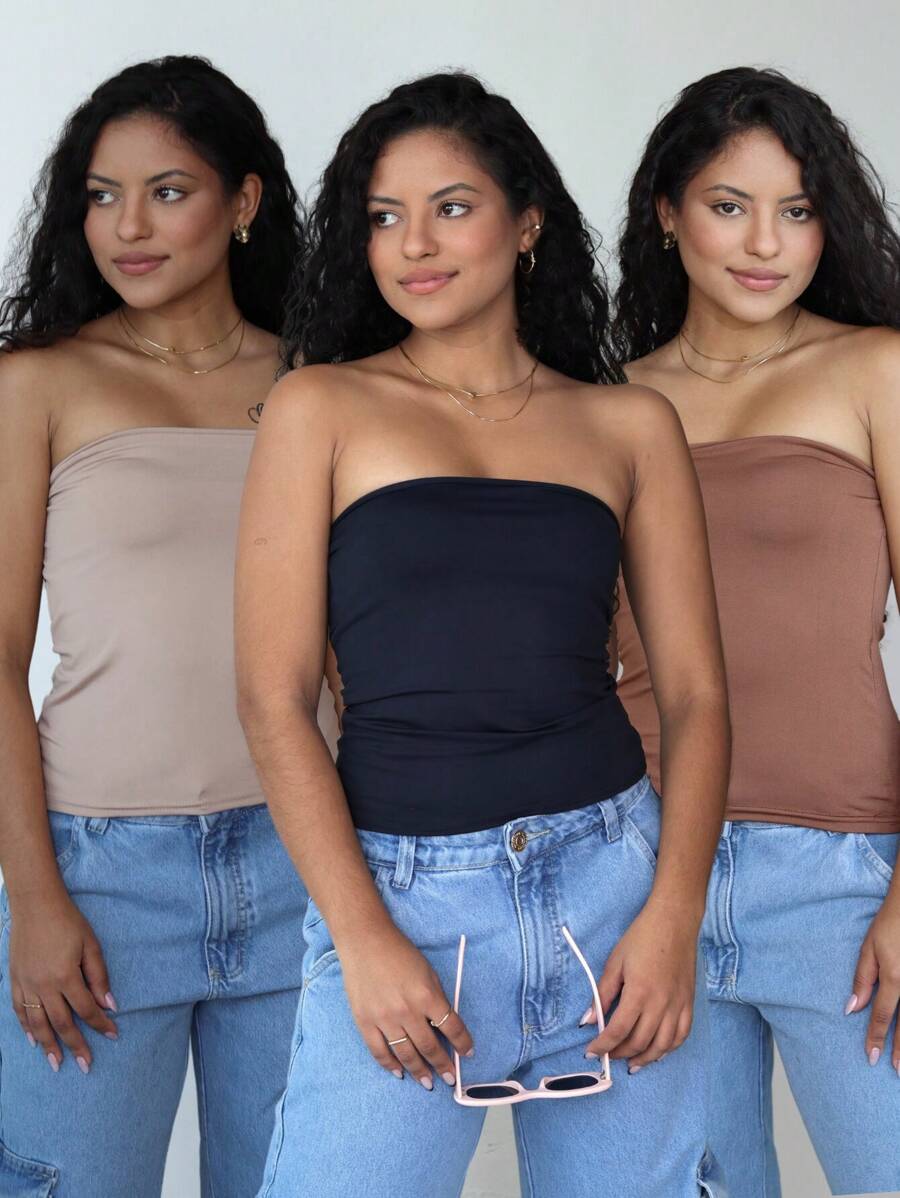 Kit 3 Women's Tube Top Strapless Suplex Blouse - 黑色 - 查看 1
