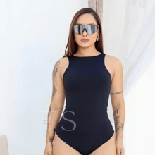 KIT 3 WOMEN'S BODYSUIT SUPLEX TANK TOP DOUBLE LINING - 黑白色和寶藍色 - 查看 2