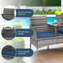 Wicker Outdoor Loveseat Modern Rattan 2-Seat Patio Conversation Set With Cushions & Built-In Coffee Table Porch Furniture - 灰色/藍色 - 查看 5