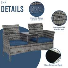 Wicker Outdoor Loveseat Modern Rattan 2-Seat Patio Conversation Set With Cushions & Built-In Coffee Table Porch Furniture - 灰色/藍色 - 查看 4