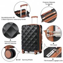 Ultralight ABS+PC Hard Case Bumpy Diamond Carry-On Suitcase With TSA Lock And 4 Spinner Wheels Available In 20" Cabin Size And 24" And 28" Check-In Sizes(1 Pc) - Black-1 - View 7
