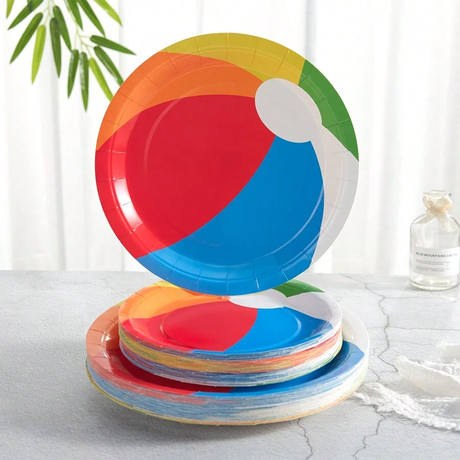 Beach Volleyball & Pool Theme Disposable Tableware Set, Includes 7/9 Inch Beach Volleyball Paper Plates, Beach Volleyball Party Decorations Suitable For Birthday Party, Picnic, Pool, Volleyball Party,Christmas - Multicolor - View 1