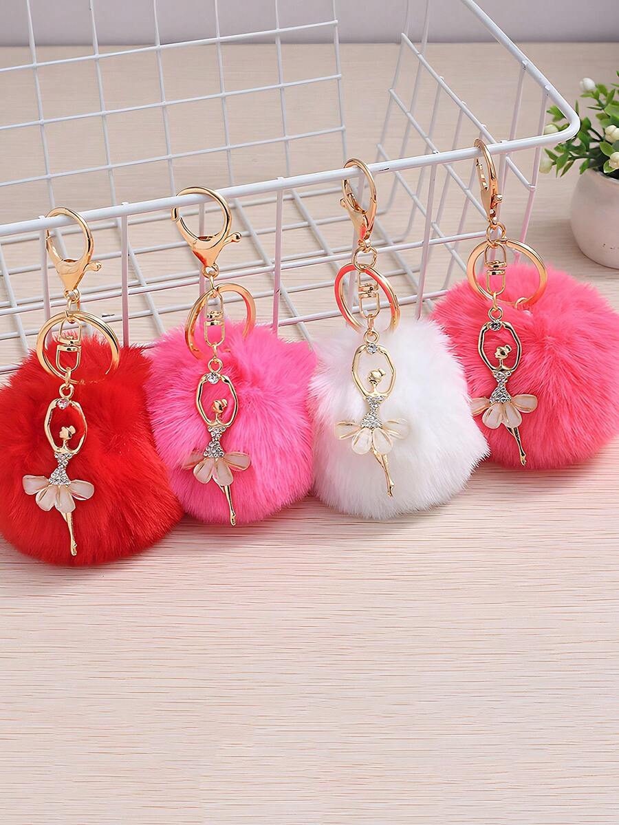 1pc Cute Pom Pom Keychain Pendant Ballet Dance Alloy Plush Charm Angel Girl Pom Pom Keychain - Multicolor - View 1