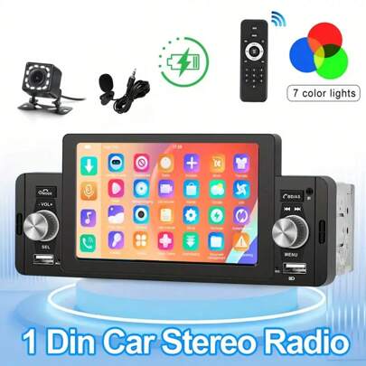 راديو استريو للسيارة بشاشة لمس HD 5 بوصة، مشغل وسائط متعدد للسيارة عالمي بخاصية Carplay وربط المرآة، مستقبل راديو FM، يدعم المعادل/بطاقة TF/USB، كاميرا رؤية خلفية
