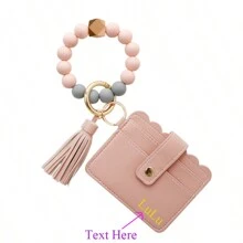 1 件女式硅胶串珠手链纯色 PU 皮革卡包钱包包带腕带流苏钥匙扣女孩硅胶串珠手链 PU 流苏钥匙扣身份证夹钱包手镯 - 粉色 - 查看 1