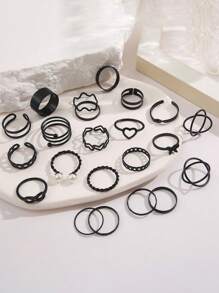 53pcs Elegant Geometric Vintage Heart, Butterfly, Faux Pearl, Crystal Rings Set, Fashion Accessory For Holiday, Party, Daily Wear - Black - View 6