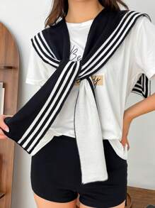 双色针织披肩时尚外穿轻薄女式单肩披肩适合春夏季 - 黑白條紋 - 查看 3