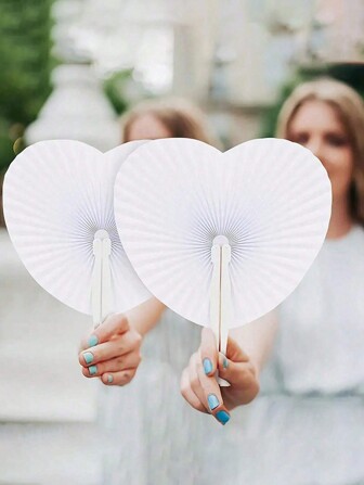 1pc/2pcs/3pcs/4pcs/5pcs/10pcs White Heart Shaped Folding Paper Hand Fans For Weddings And Travel