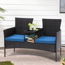 Sofá de 2 plazas para exterior de mimbre moderno, conjunto de conversación para patio con cojines y mesa de centro incorporada, muebles de porche - Negro/Azul pavo real - Ver 2
