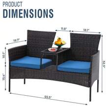 Sofá de 2 plazas para exterior de mimbre moderno, conjunto de conversación para patio con cojines y mesa de centro incorporada, muebles de porche - Negro/Azul pavo real - Ver 3