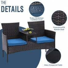 Sofá de 2 plazas para exterior de mimbre moderno, conjunto de conversación para patio con cojines y mesa de centro incorporada, muebles de porche - Negro/Azul pavo real - Ver 4