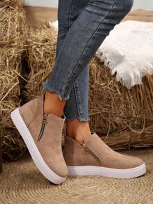 Bottes cheville et bottes courtes pour femmes, bottes plates beiges pour dames, nouvelles chaussures bottes courtes d'hiver, chaussures à fermeture éclair