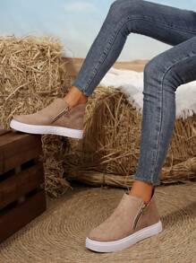 Bottes cheville et bottes courtes pour femmes, bottes plates beiges pour dames, nouvelles chaussures bottes courtes d'hiver, chaussures à fermeture éclair