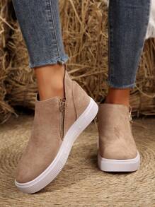 Bottes cheville et bottes courtes pour femmes, bottes plates beiges pour dames, nouvelles chaussures bottes courtes d'hiver, chaussures à fermeture éclair