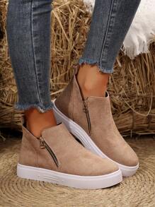 Bottes cheville et bottes courtes pour femmes, bottes plates beiges pour dames, nouvelles chaussures bottes courtes d'hiver, chaussures à fermeture éclair
