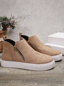 Bottes cheville et bottes courtes pour femmes, bottes plates beiges pour dames, nouvelles chaussures bottes courtes d'hiver, chaussures à fermeture éclair