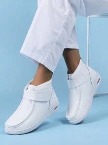 Botas blancas para mujer, zapatos de enfermería de hospital con cojín de aire, botas con forro térmico, suela blanda con cierre de gancho y bucle, zapatos confeccionados con costuras, zapatillas blancas versátiles con suela elástica, antideslizante, amortiguación de impactos y antiestática, aptas para interiores y exteriores - Blanco - Ver 6