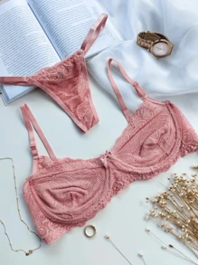 Sexy Lingerie Set Without Underwire And Adjustable G-String Panties Glamour - Màu hồng gỉ - Xem 1